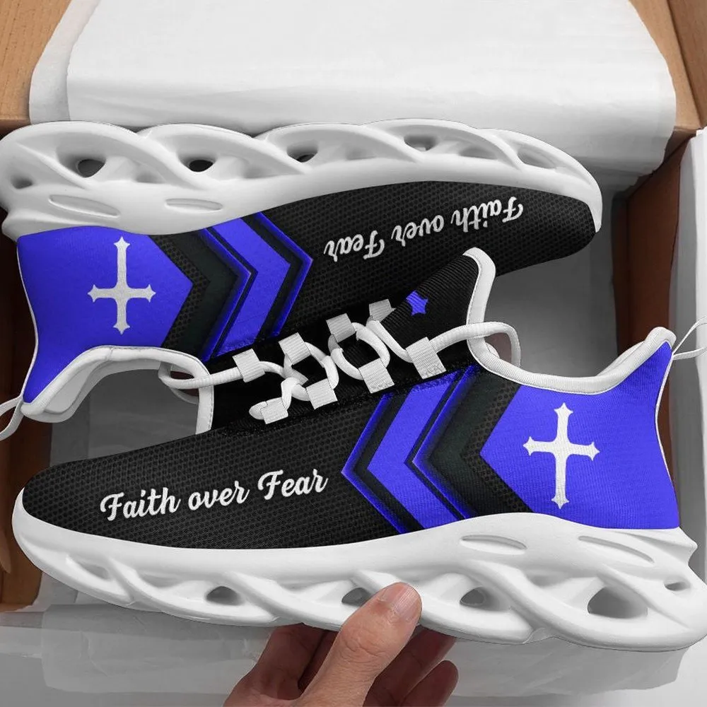 Jesus Faith Over Fear Cross Blue Black Max Soul Shoes, Chevron Christian Sneakers for Men and Women, Church Walking Footwear Gift