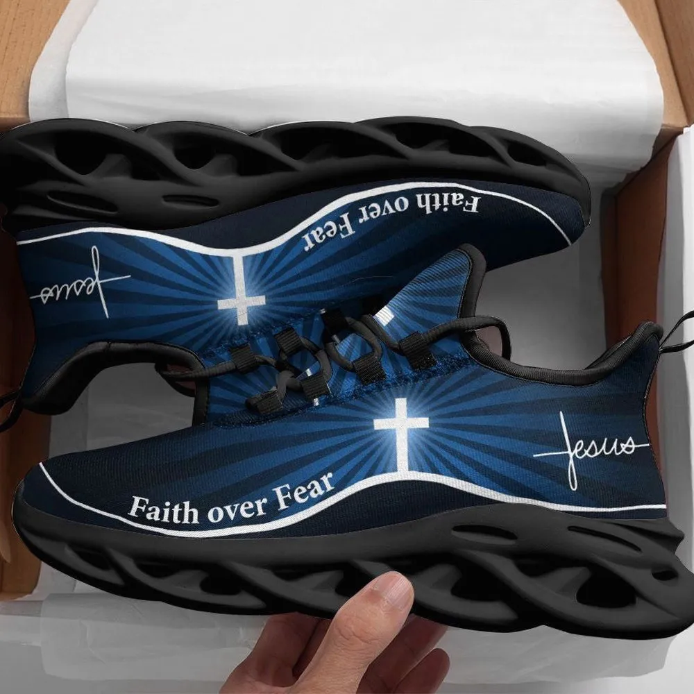 Jesus Faith Over Fear Cross Blue Max Soul Shoes, Radiant Light Christian Sneakers for Men and Women, Church Walking Footwear Gift