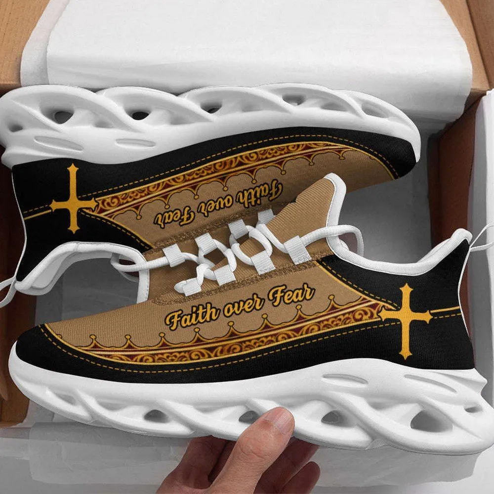 Jesus Faith Over Fear Cross Brown Max Soul Shoes, Gold Filigree Christian Sneakers for Men and Women, Church Walking Footwear Gift