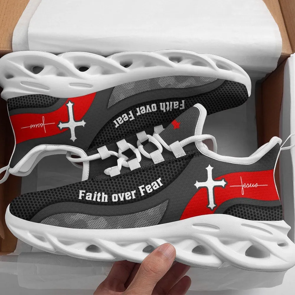Jesus Faith Over Fear Cross Grey Max Soul Shoes, Red and White Christian Sneakers for Men and Women, Church Walking Footwear Gift