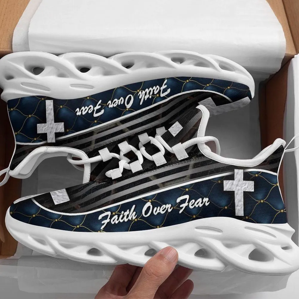 Jesus Faith Over Fear Cross Max Soul Shoes, Navy Quilted Christian Sneakers for Men and Women, Silver Stripe Walking Footwear Gift