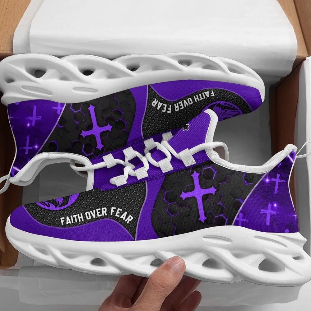 Jesus Faith Over Fear Cross Purple Max Soul Shoes, Hexagon Pattern Christian Sneakers for Men and Women, Church Walking Footwear