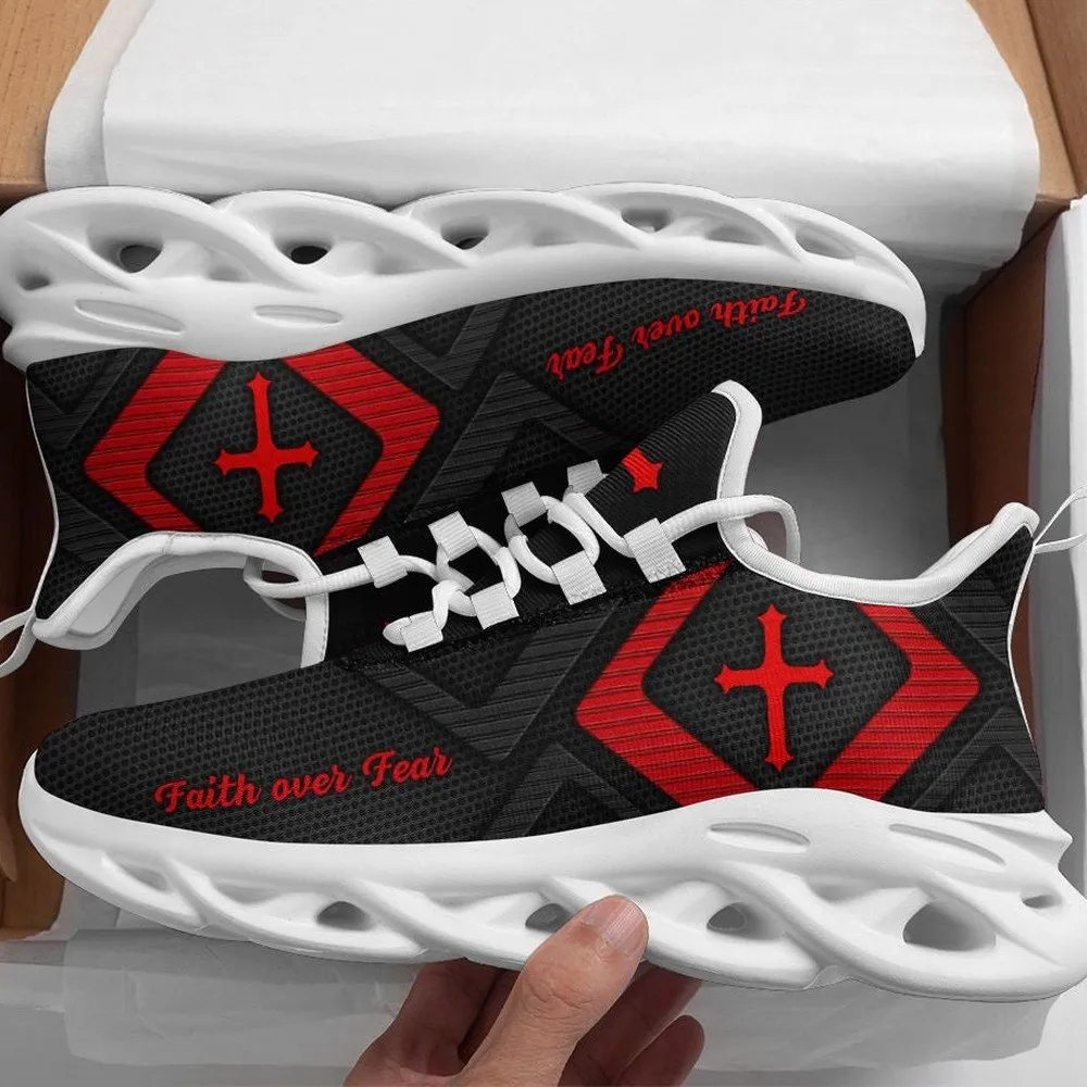 Jesus Faith Over Fear Cross Red And Black Max Soul Shoes, Diamond Emblem Christian Sneakers for Men Women, Church Walking Footwear