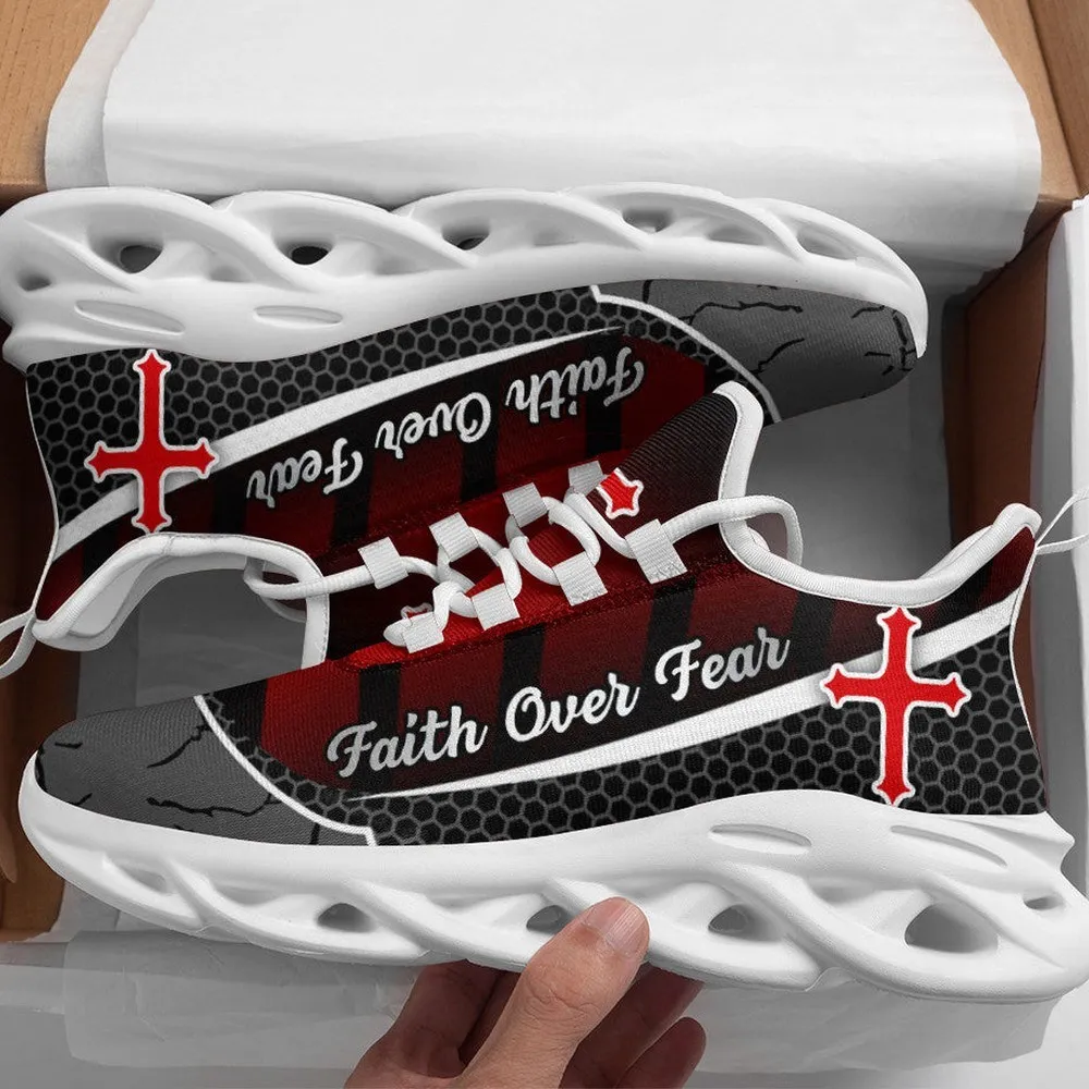 Jesus Faith Over Fear Cross Red Black Max Soul Shoes, Honeycomb Christian Sneakers for Men and Women, Church Walking Footwear Gift