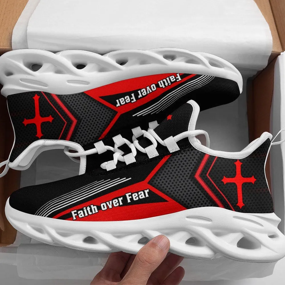 Jesus Faith Over Fear Cross Red Max Soul Shoes, Black Christian Running Sneakers for Men and Women, Bold Stripe Church Walking Gift