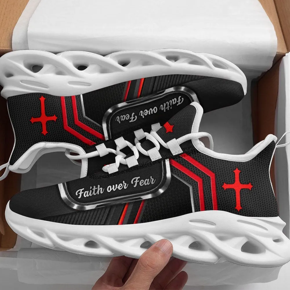 Jesus Faith Over Fear Cross White And Black Max Soul Shoes, Red Stripe Christian Sneakers for Men Women, Metallic Badge Walking Gift