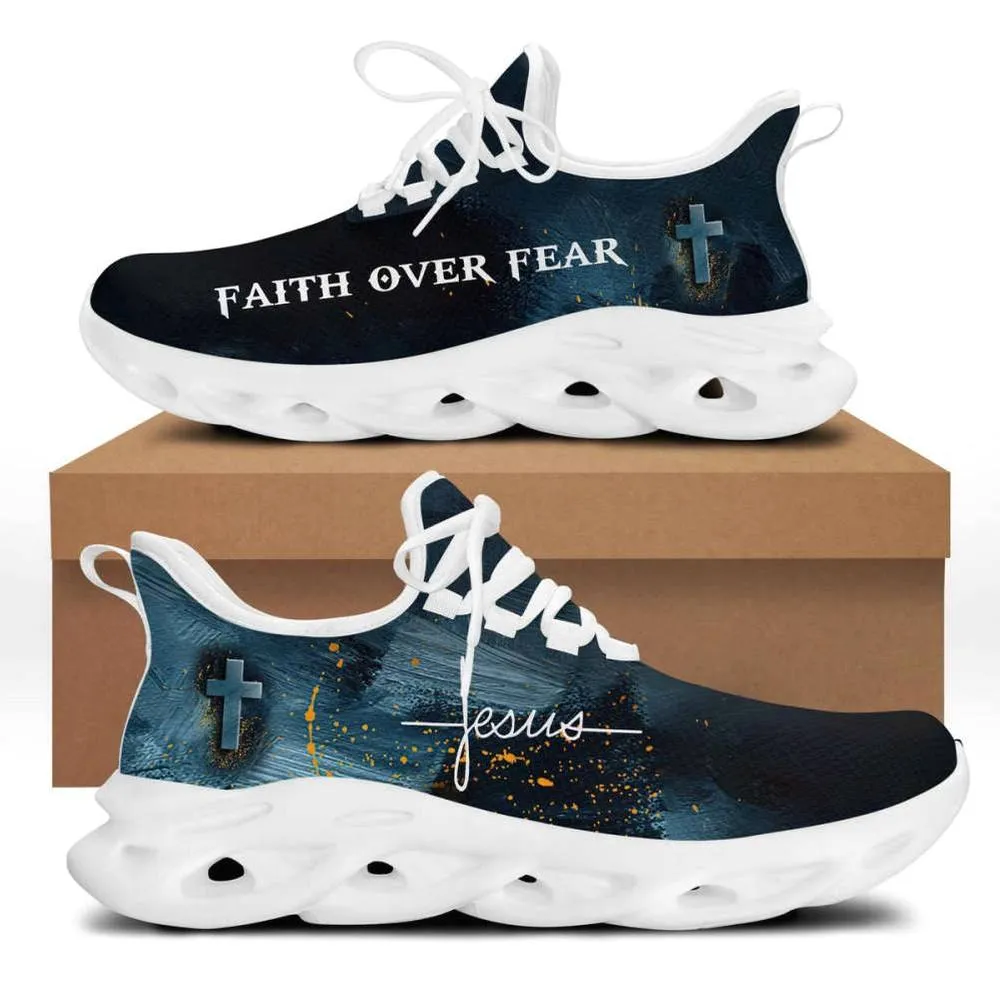Jesus Faith Over Fear Cross White Black Max Soul Shoes, Dark Teal Christian Sneakers for Men and Women, Brushstroke Walking Footwear
