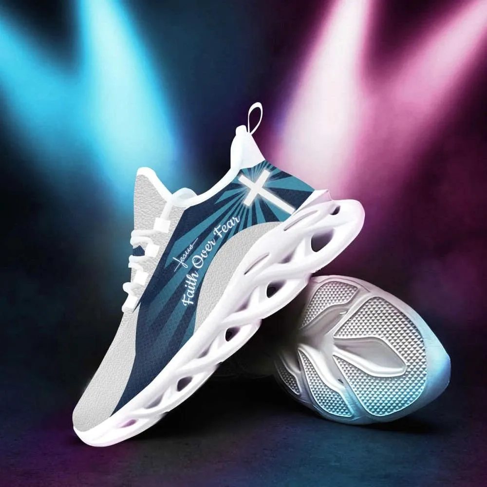 Jesus Faith Over Fear Cross White Sole Max Soul Shoes, Navy Blue Christian Sneakers for Men and Women, Radiant Light Walking Gift