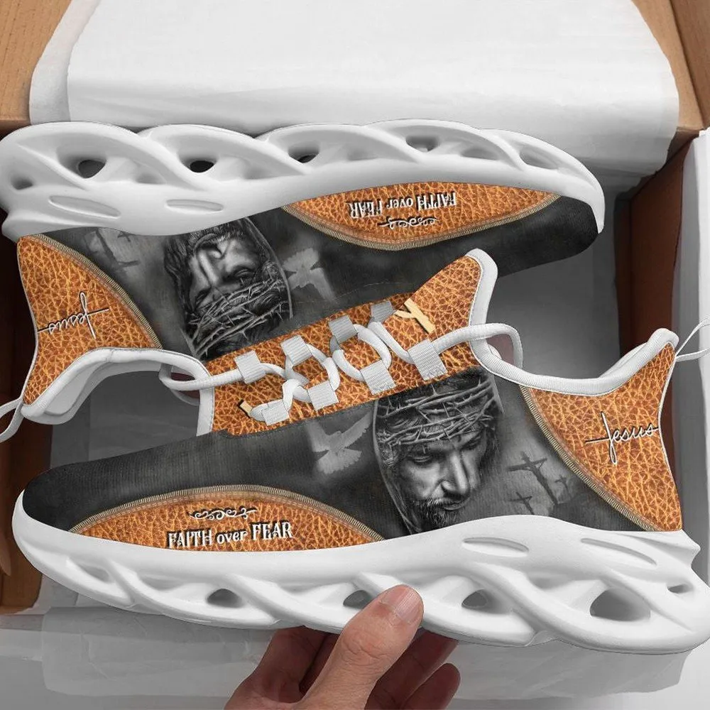 Jesus Faith Over Fear Cross Yellow Max Soul Shoes, Crown of Thorns Christian Sneakers, Leather Look Walking Footwear for Men Women