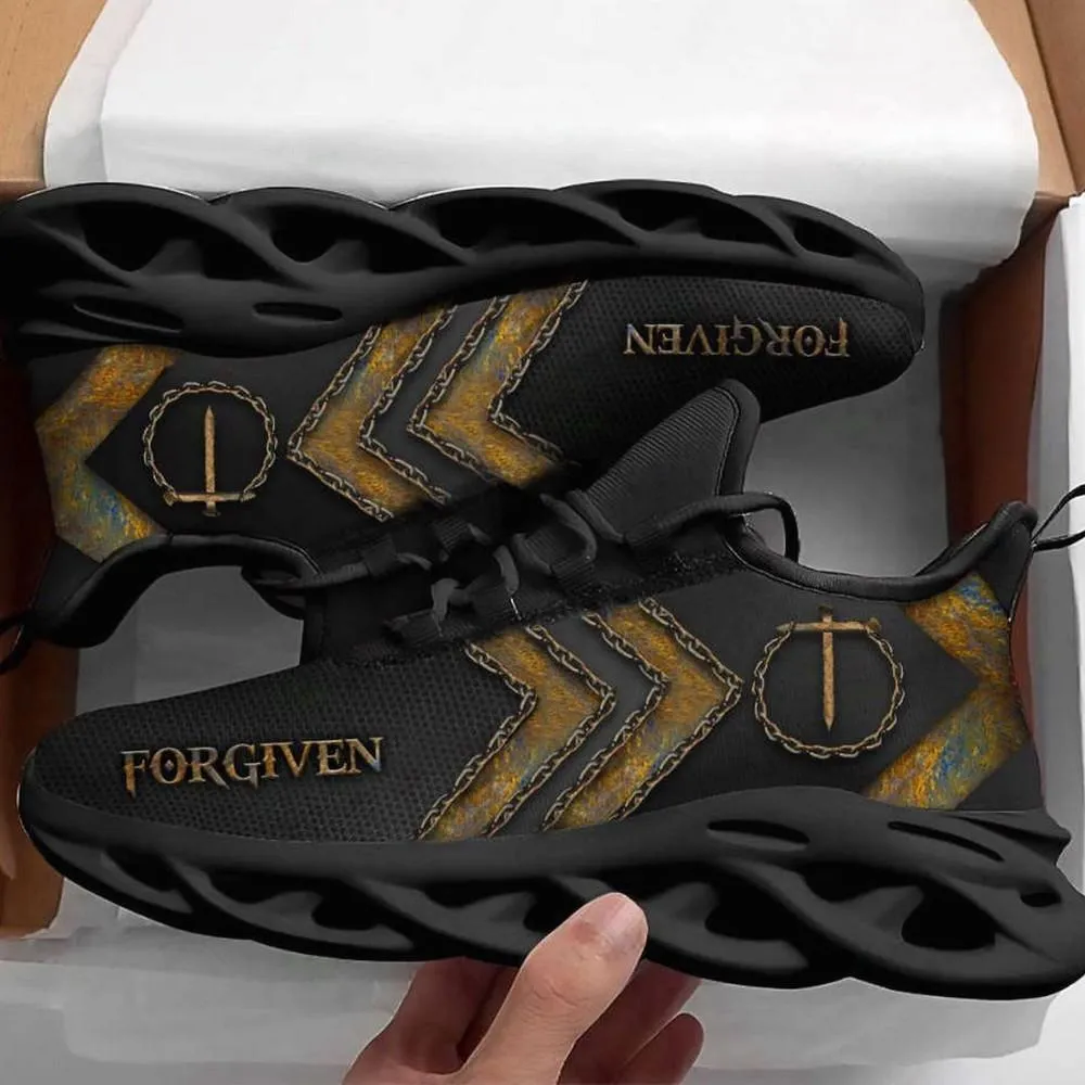Jesus Forgiven Nails Max Soul Shoes, Black and Gold Christian Sneakers with Crown of Thorns, Faith Walking Footwear for Men Women