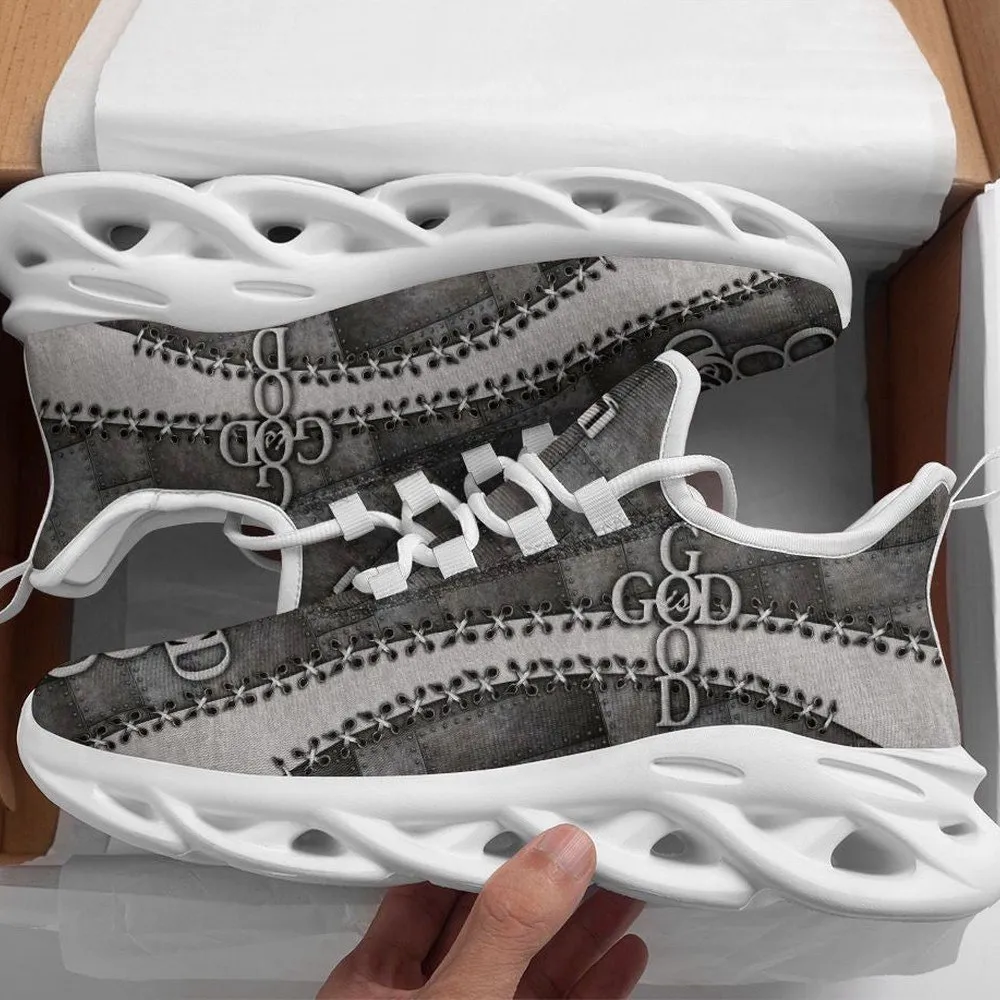 Jesus God Is Good Max Soul Shoes, Grey Patchwork Christian Sneakers for Men and Women, Stitched Denim Look Faith Walking Footwear