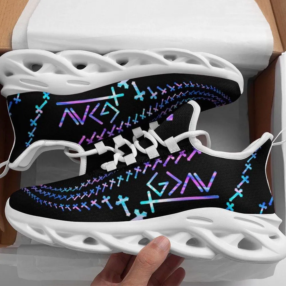 Jesus God Is Greater Than High And Low Cross Max Soul Shoes, Holographic Christian Sneakers, Faith Walking Footwear for Men Women