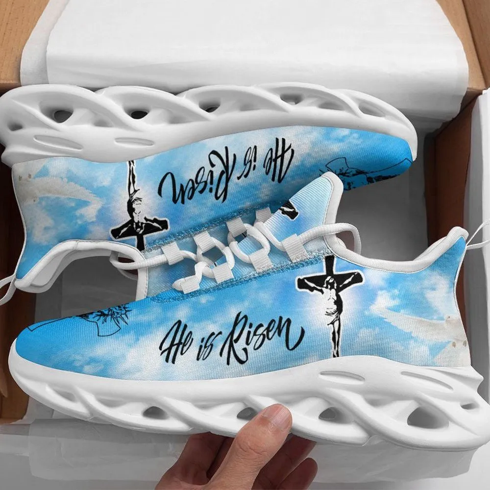 Jesus He Is Risen Cross Max Soul Shoes, Sky Blue Easter Christian Sneakers with Dove, Faith Walking Footwear for Men and Women