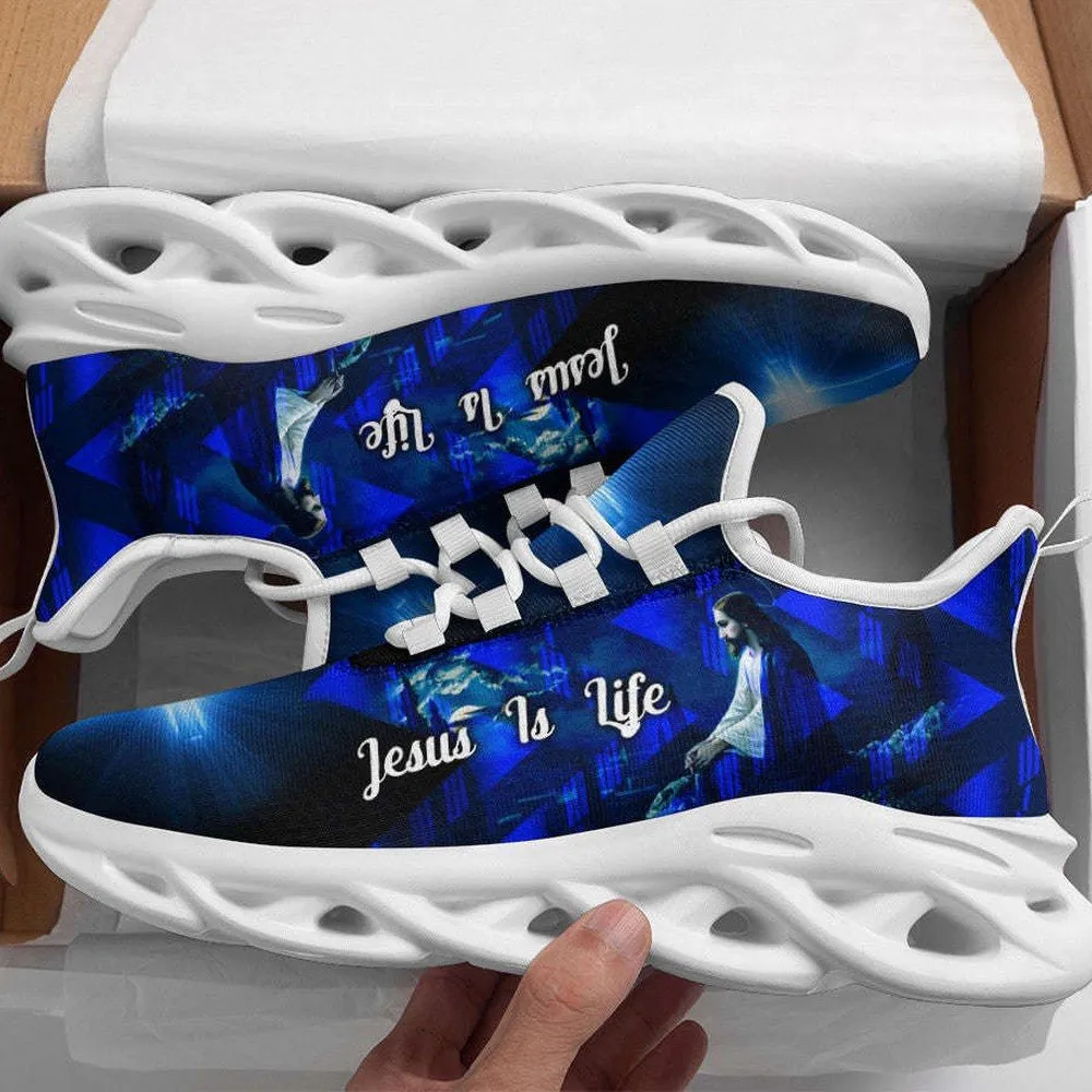 Jesus Is Life Cross Blue Max Soul Shoes, Christian Running Sneakers for Men and Women, Glowing Light Faith Walking Footwear Gift