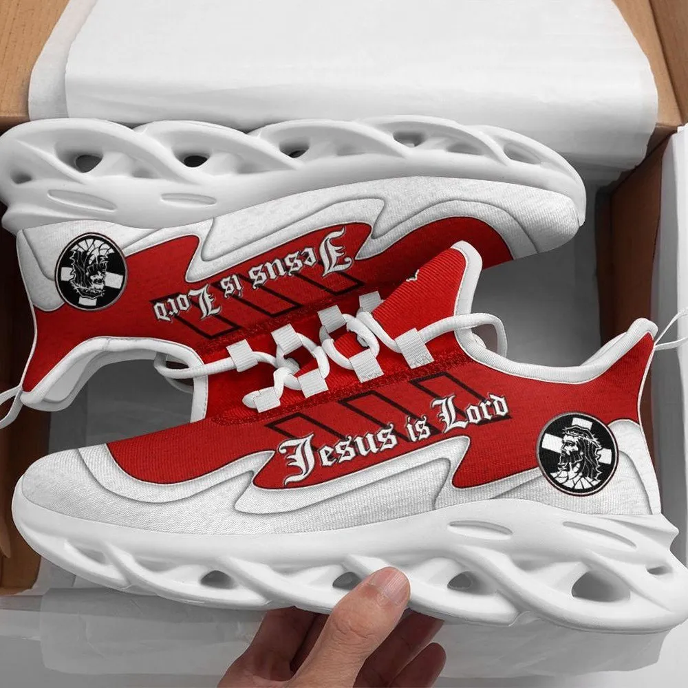Jesus Is Lord Cross Max Soul Shoes, Red and White Christian Sneakers for Men and Women, Gothic Script Faith Walking Footwear Gift