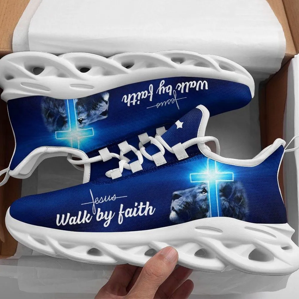 Jesus Lion Cross Walk By Faith Max Soul Shoes, Royal Blue Christian Sneakers for Men and Women, Glowing Light Footwear, Church Gift