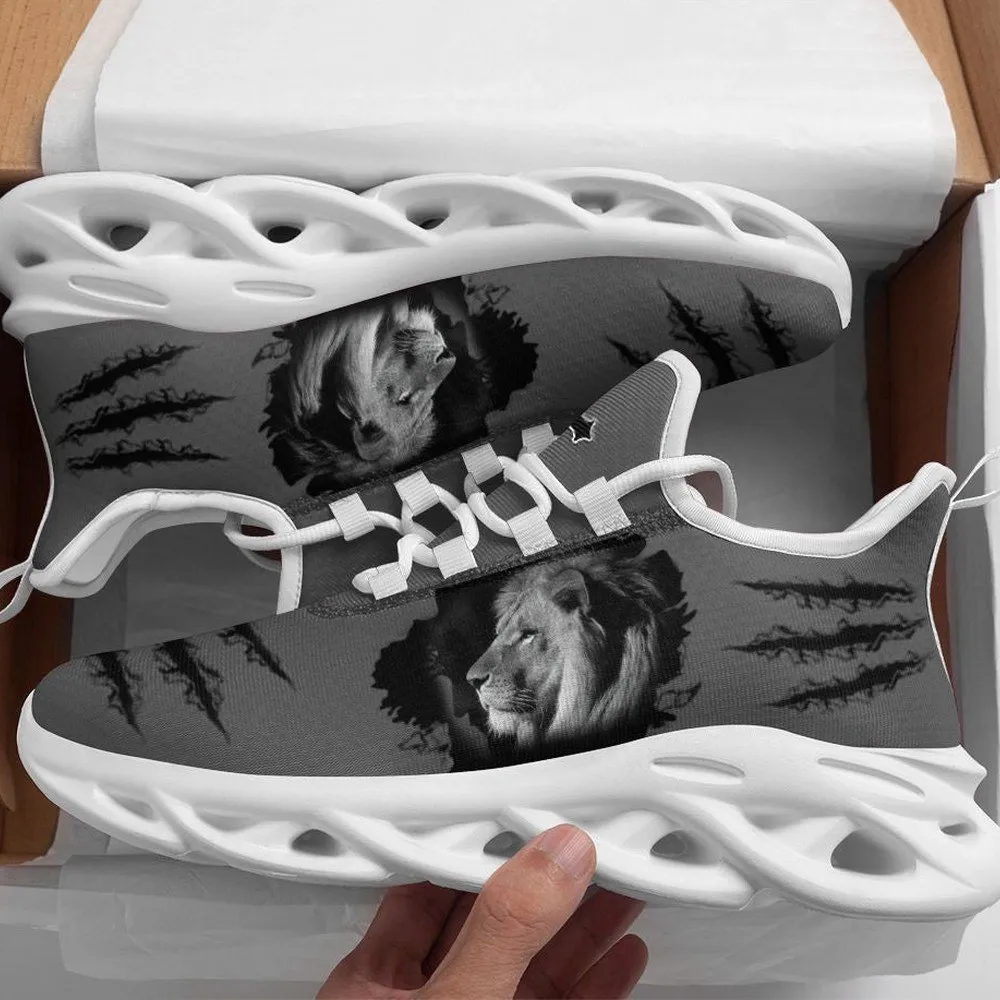 Jesus Lion Of Judah Max Soul Shoes, Grey Christian Running Sneakers with Claw Mark Print, Faith Walking Footwear for Men and Women