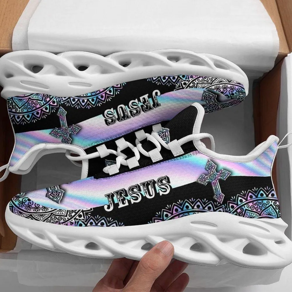 Jesus Mandala Cross Max Soul Shoes, Holographic Christian Sneakers for Men and Women, Faith Walking Footwear, Church Gift Idea