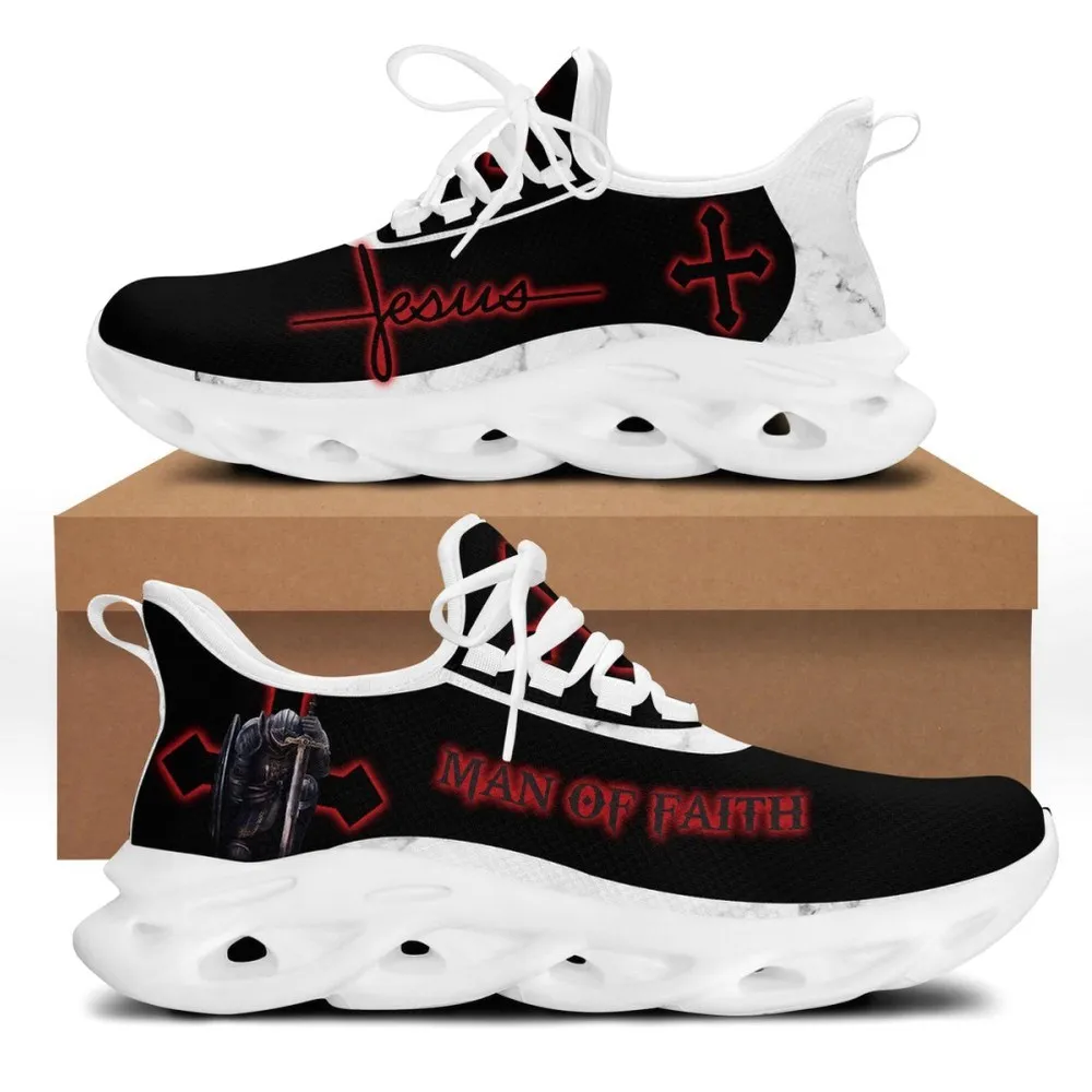 Jesus Man Of Faith Warrior Max Soul Shoes, Kneeling Knight Christian Sneakers, Black Red Neon Cross Walking Trainers, Gift for Men, Women