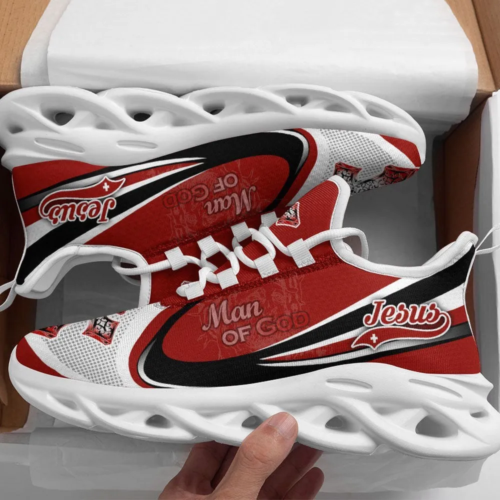 Jesus Man Of God Christian Max Soul Shoes, Red Black and White Swoosh Sneakers, Baseball Script Walking Trainers, Church Gift for Dad