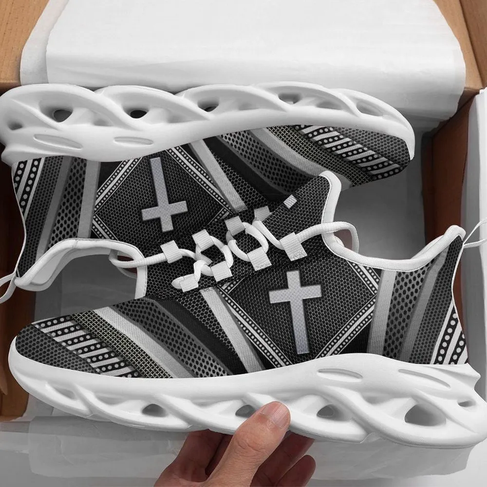 Jesus Metal Cross Christian Max Soul Shoes, Silver Grey Metallic Diamond Sneakers, Lightweight Church Walking Trainers, Gift for Men, Women