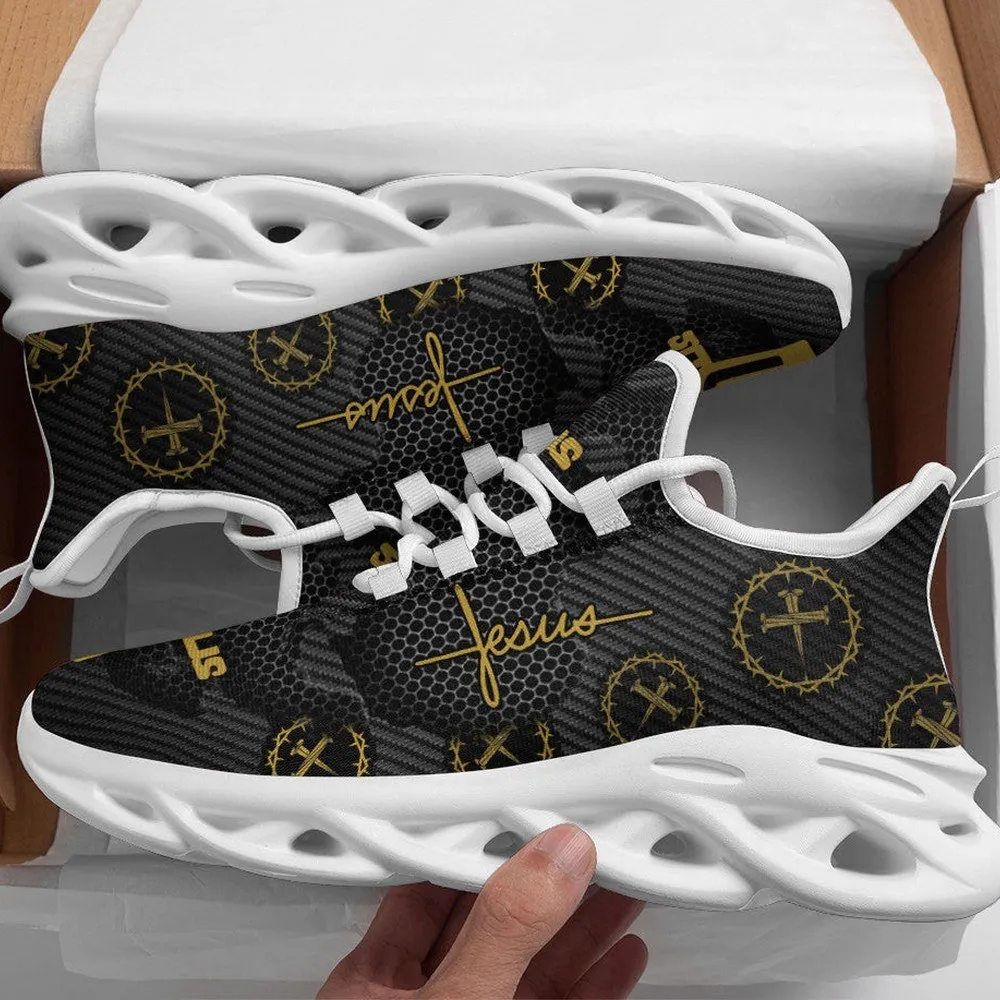 Jesus Nails Cross Of Thorns Max Soul Shoes, Black and Gold Christian Sneakers, Crown Emblem Walking Trainers, Church Gift for Men, Women