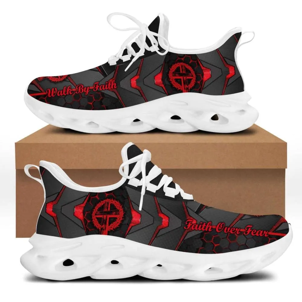 Jesus Red And Black Faith Over Fear Christian Max Soul Shoes, Crown of Thorns Cross Sneakers, Armor Panel Walking Trainers for Men, Women