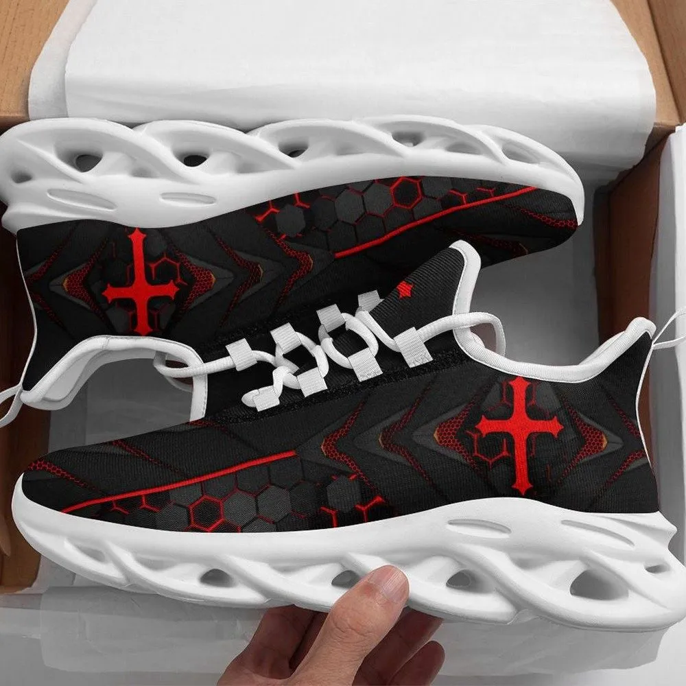 Jesus Red Black Christian Max Soul Shoes, Gothic Cross Hexagon Sneakers, Dark Tech Print Walking Trainers, Church Gift for Men, Women