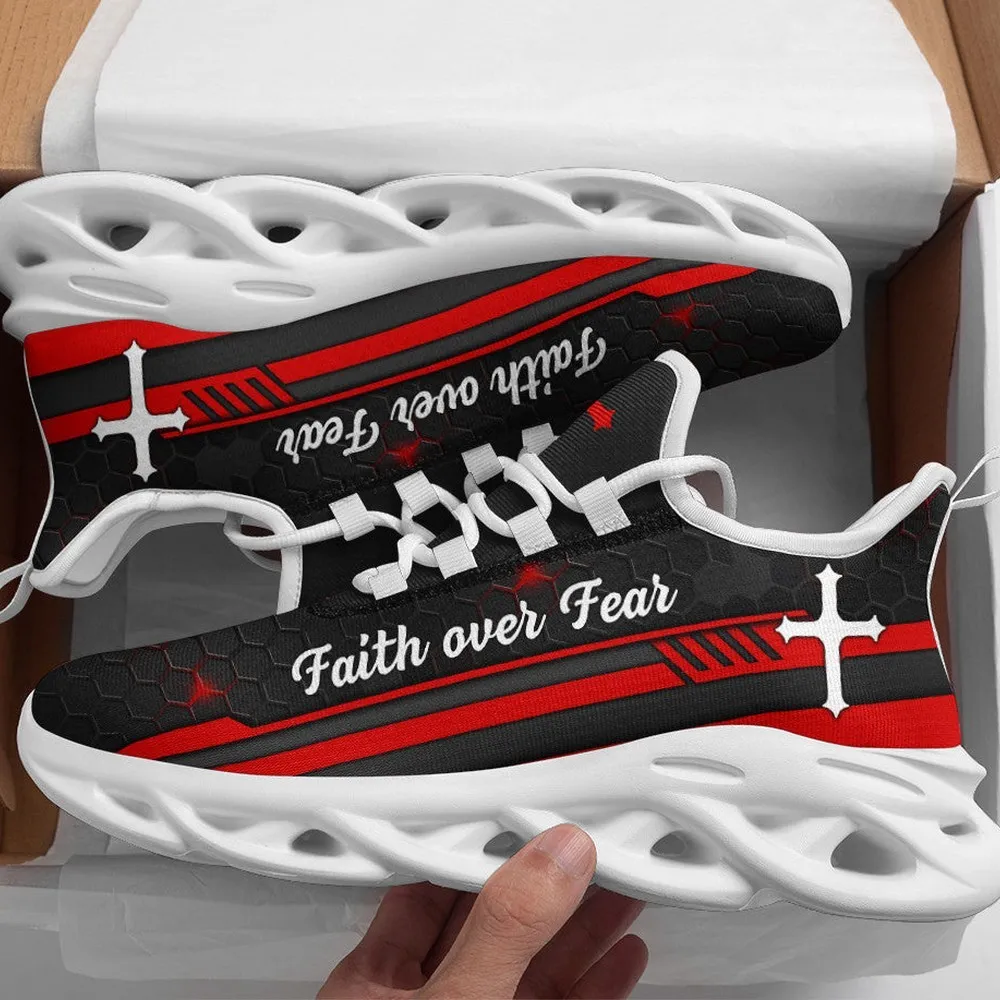 Jesus Red Black Faith Over Fear Christian Max Soul Shoes, White Cross Sneakers, Lightweight Church Walking Trainers, Gift for Men, Women