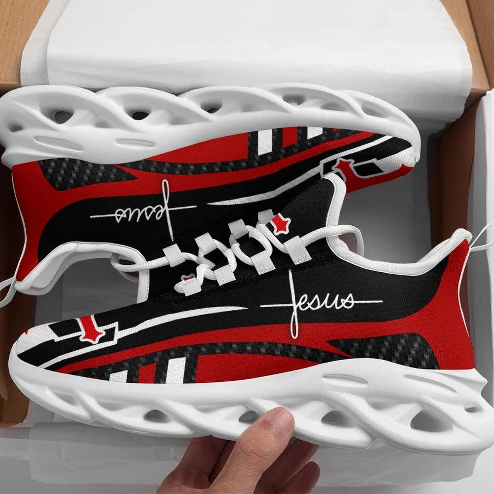 Jesus Red Christian Max Soul Shoes, Black Carbon Racing Stripe Sneakers, Cross Script Walking Trainers, Church Gift for Men, Women