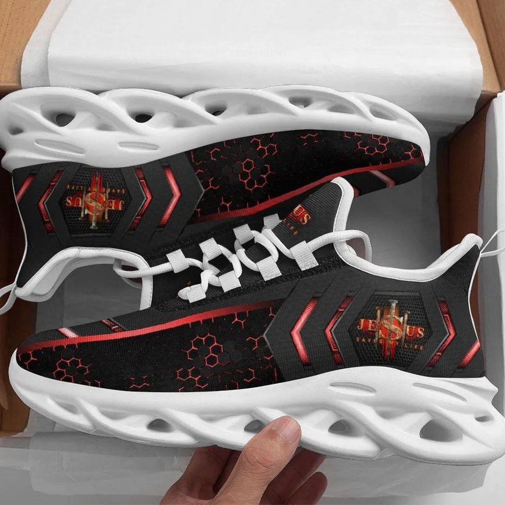 Jesus Saved My Life Black Max Soul Shoes, Christian Red Hexagon Glow Sneakers, Lightweight Church Walking Trainers, Gift for Men, Women