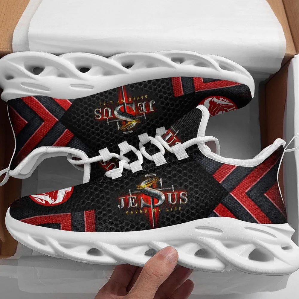 Jesus Saved My Life Christian Black And Red Max Soul Shoes, Crown of Thorns Emblem Sneakers, Honeycomb Print Walking Trainers for Men, Women
