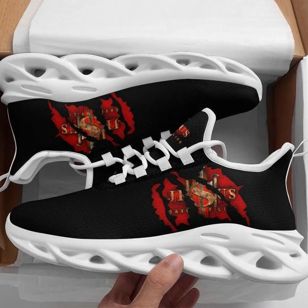 Jesus Saved My Life Christian Black Max Soul Shoes, Red Torn Rip Emblem Sneakers, Minimal Church Walking Trainers, Gift for Men, Women