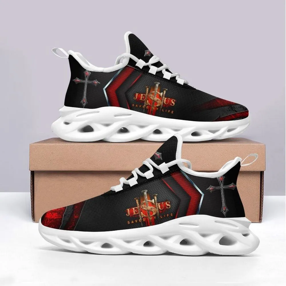 Jesus Saved My Life Christian Black Red Max Soul Shoes, Jeweled Gothic Cross Sneakers, Faith Walking Trainers for Men, Women