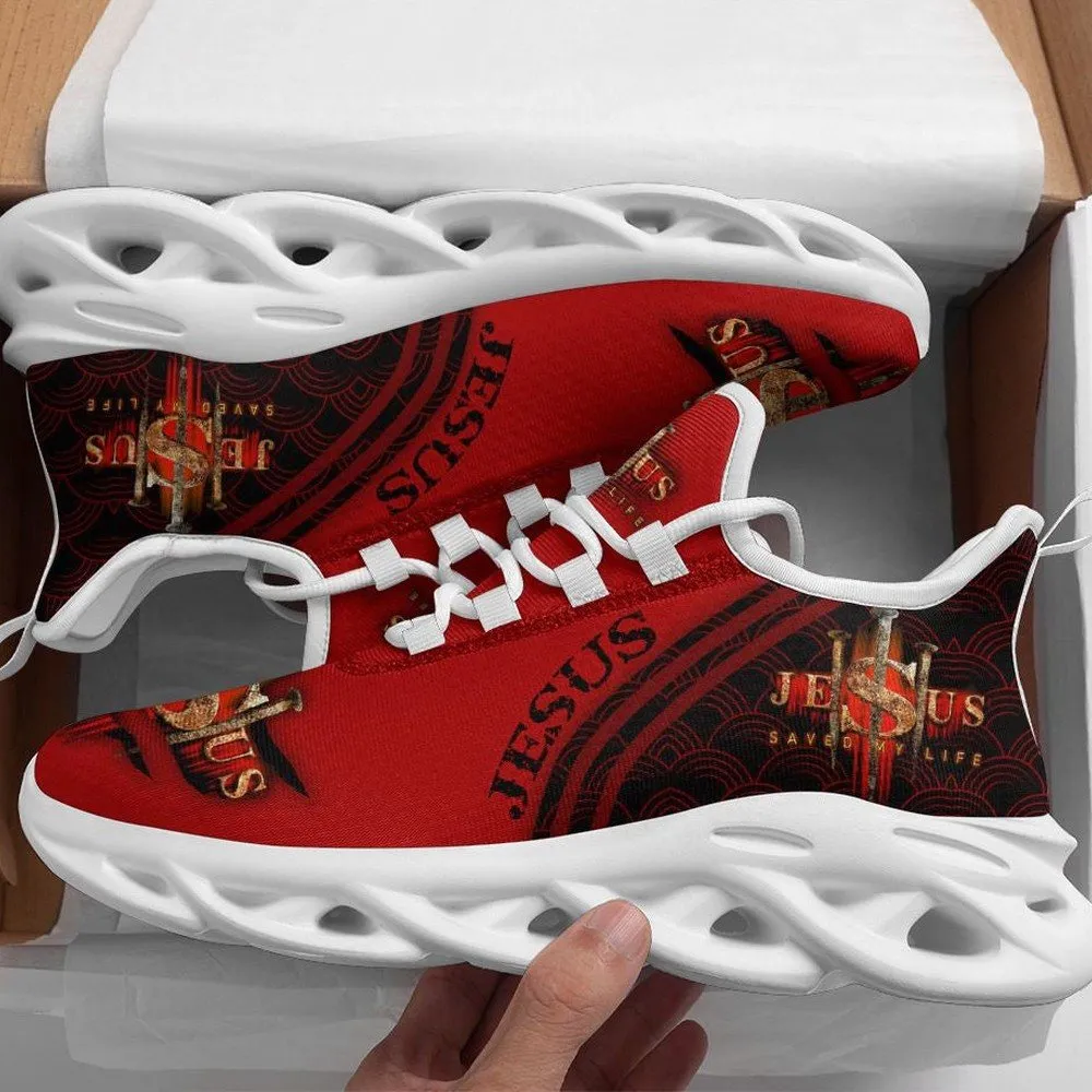 Jesus Saved My Life Red Christian Max Soul Shoes, Gold Nail Cross Emblem Sneakers, Crimson Church Walking Trainers for Men, Women