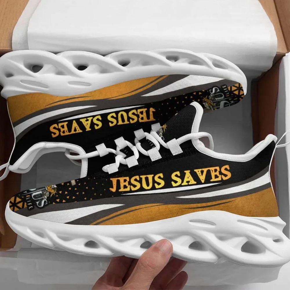 Jesus Saves Christian Max Soul Shoes, Black and Gold Lettering Sneakers, Bold Statement Walking Trainers, Church Gift for Men, Women