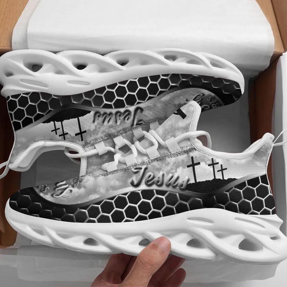 Jesus Three Cross Max Soul Shoes, Calvary Hill Christian Sneakers, Black and Grey Hexagon Print Walking Trainers, Easter Gift for Men, Women