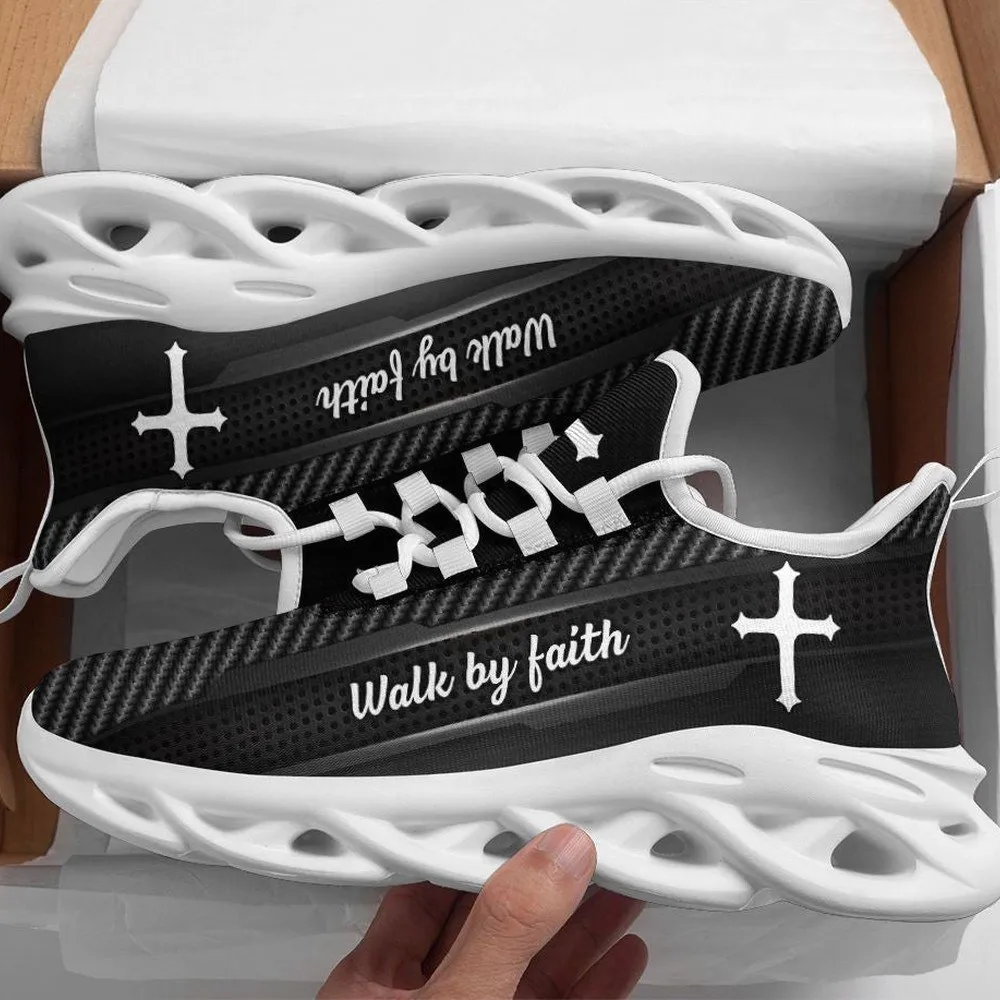 Jesus Walk By Faith Black Christian Max Soul Shoes, Carbon Fiber Look White Cross Sneakers, Minimalist Church Trainers for Men, Women