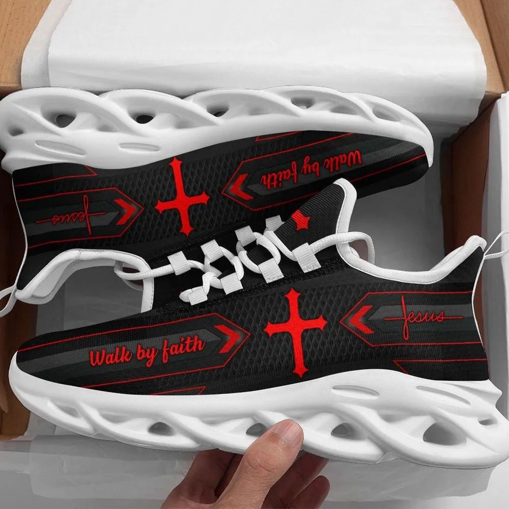 Jesus Walk By Faith Black Red Max Soul Shoes, Christian Cross Arrow Banner Sneakers, Sunday Service Walking Trainers for Men, Women