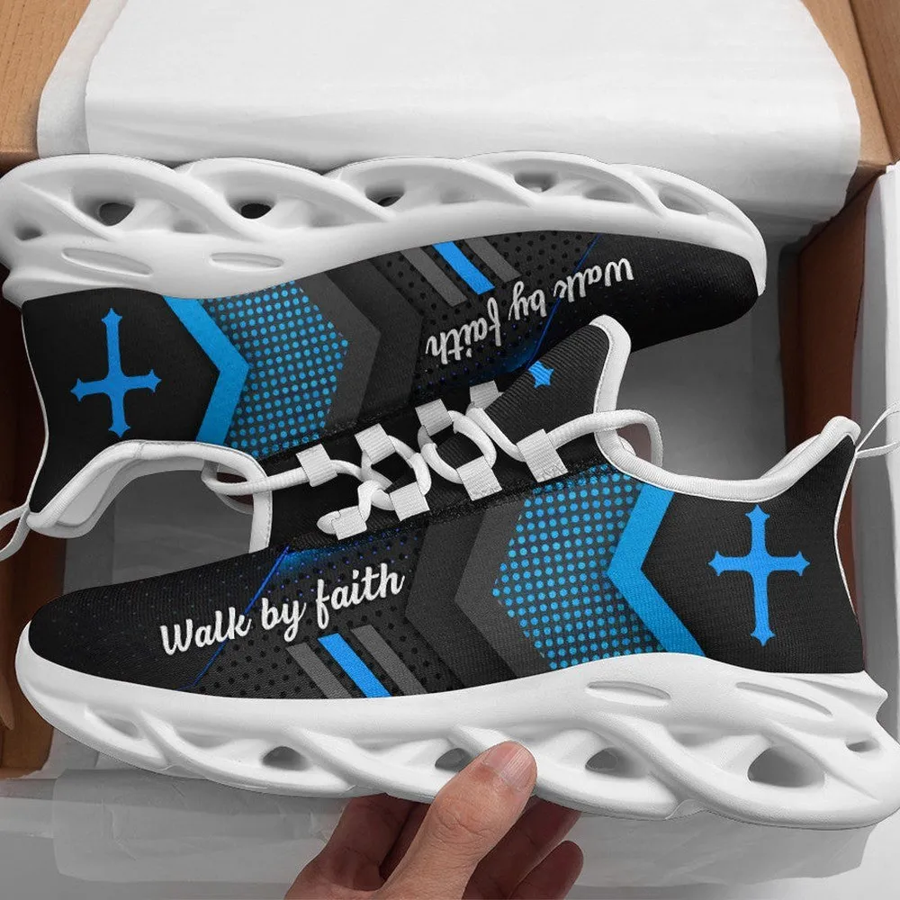 Jesus Walk By Faith Blue Black Max Soul Shoes, Christian Halftone Cross Sneakers, Lightweight Gift for Believers, Walking Trainers Men Women