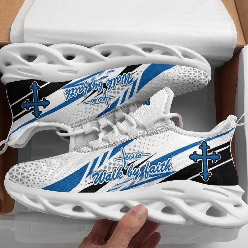 Jesus Walk By Faith Blue Christian Max Soul Shoes, White Racing Stripe Cross Sneakers, Church Gift Running Trainers for Men, Women
