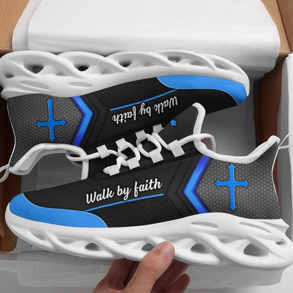Jesus Walk By Faith Blue Max Soul Shoes, Christian Cross Sneakers With Sky Toe Accent, Lightweight Everyday Walking Trainers for Men, Women