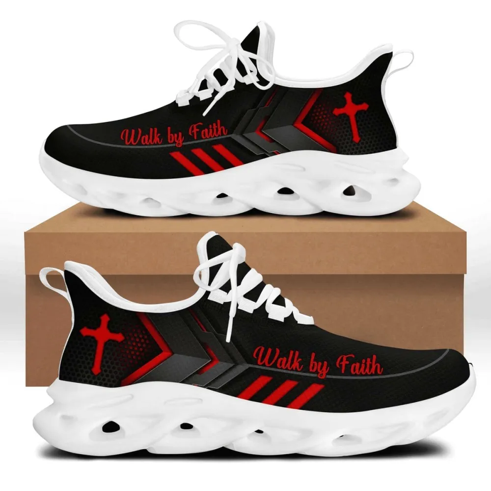 Jesus Walk By Faith Christian Black And Red Max Soul Shoes, Cross Three Stripe Sneakers, Sunday Church Walking Trainers for Men, Women