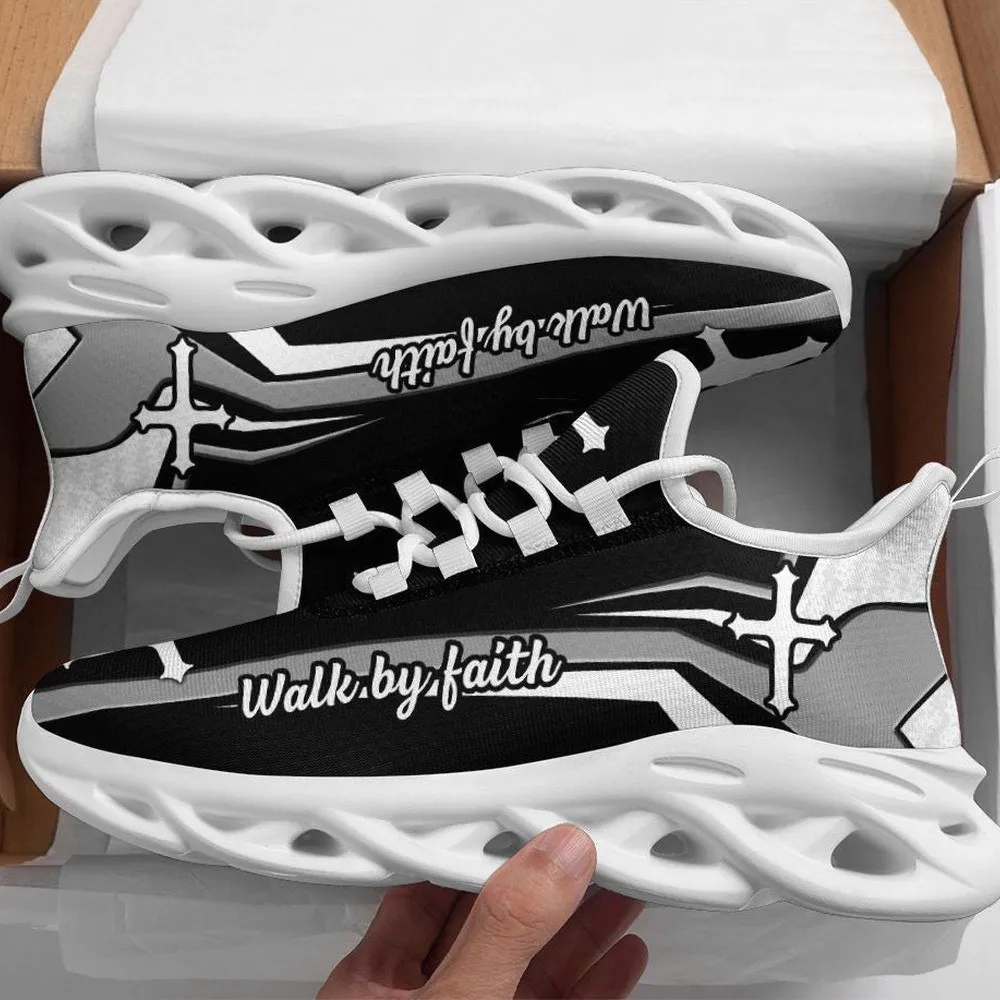 Jesus Walk By Faith Christian Black And White Soles Max Soul Shoes, Monochrome Cross Sneakers, Church Walking Trainers for Men, Women