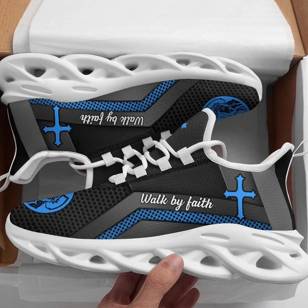 Jesus Walk By Faith Christian Blue Max Soul Shoes, Black Honeycomb Cross Sneakers, Believer Gift Running Trainers for Men and Women