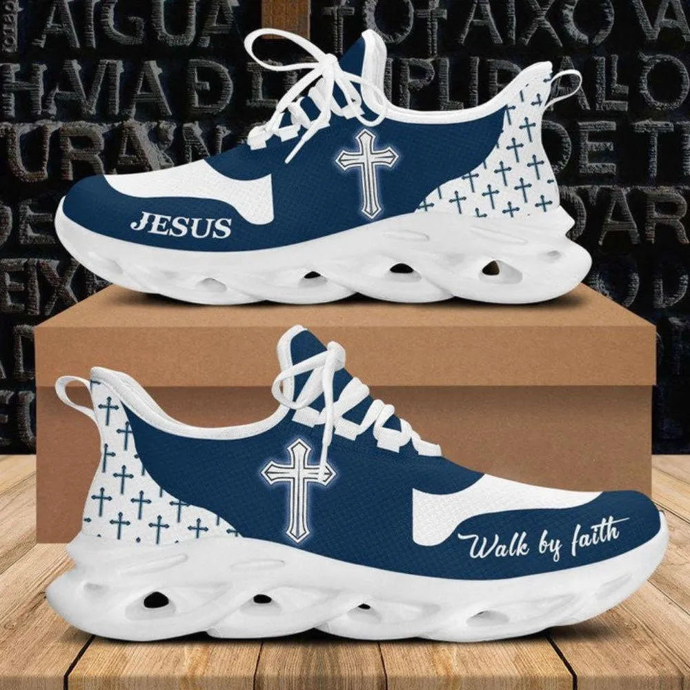 Jesus Walk By Faith Christian Blue White Max Soul Shoes, Navy Cross Pattern Sneakers, Lightweight Church Trainers for Men and Women