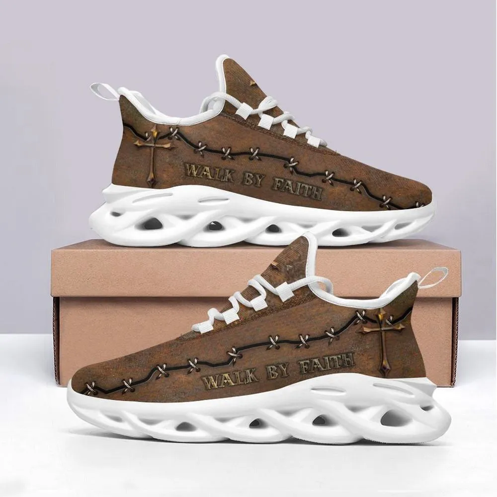 Jesus Walk By Faith Christian Brown Max Soul Shoes, Rustic Gold Cross Sneakers, Stitched Leather Look Walking Trainers for Men and Women