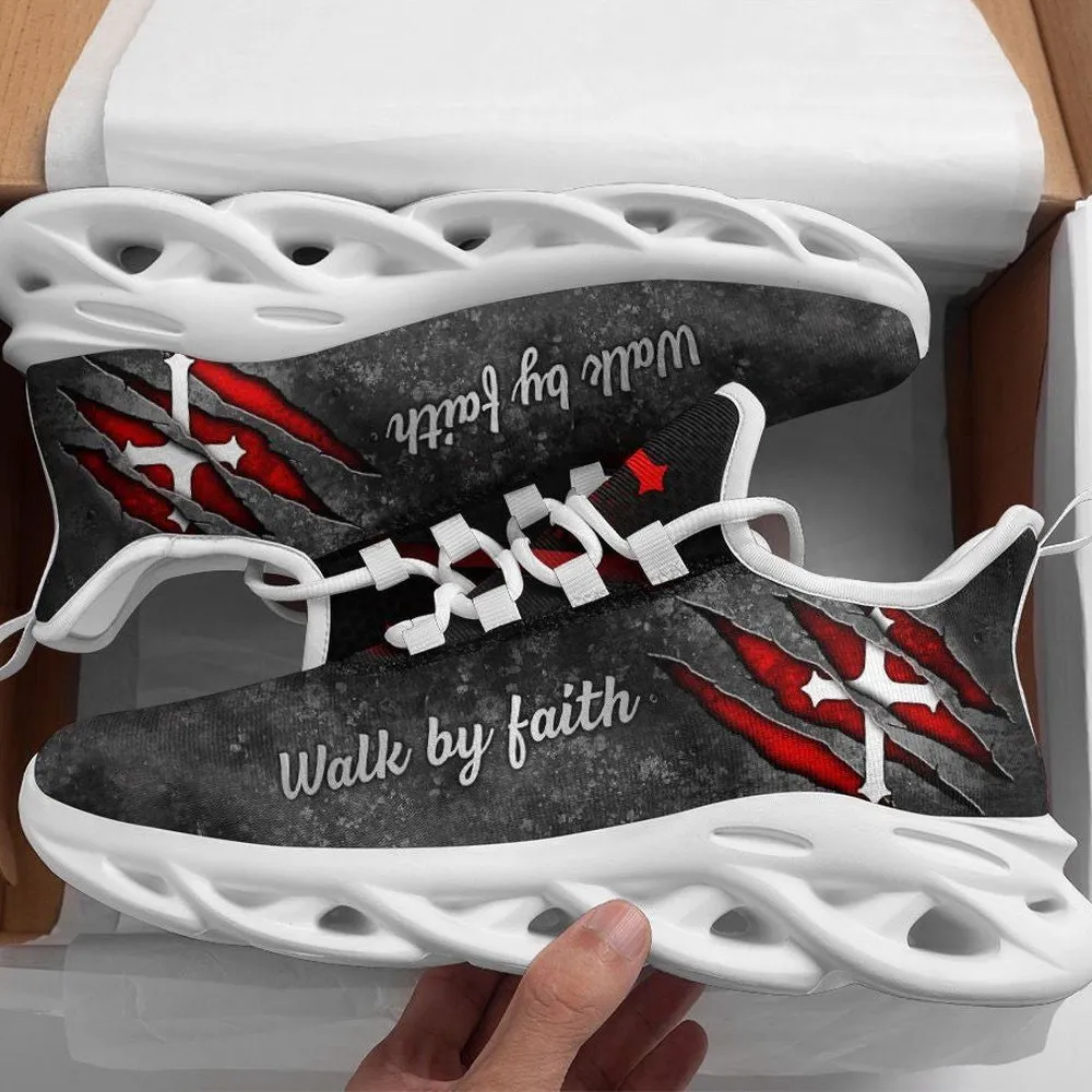 Jesus Walk By Faith Christian Grey Max Soul Shoes, Red Torn Cross Print Sneakers, Lightweight Church Walking Trainers for Men and Women