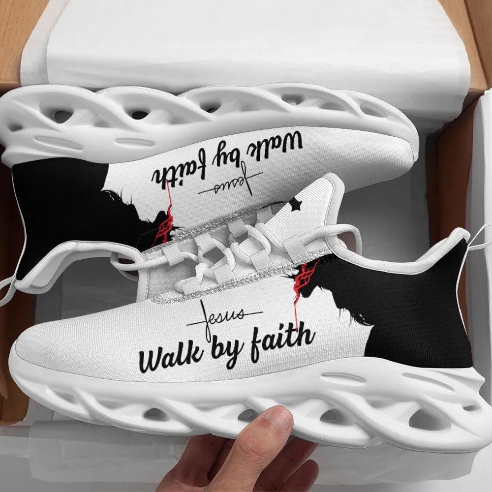Jesus Walk By Faith Christian Max Soul Shoes, Crown of Thorns Silhouette Sneakers for Men and Women, Church Gift, White Black Running Footwear