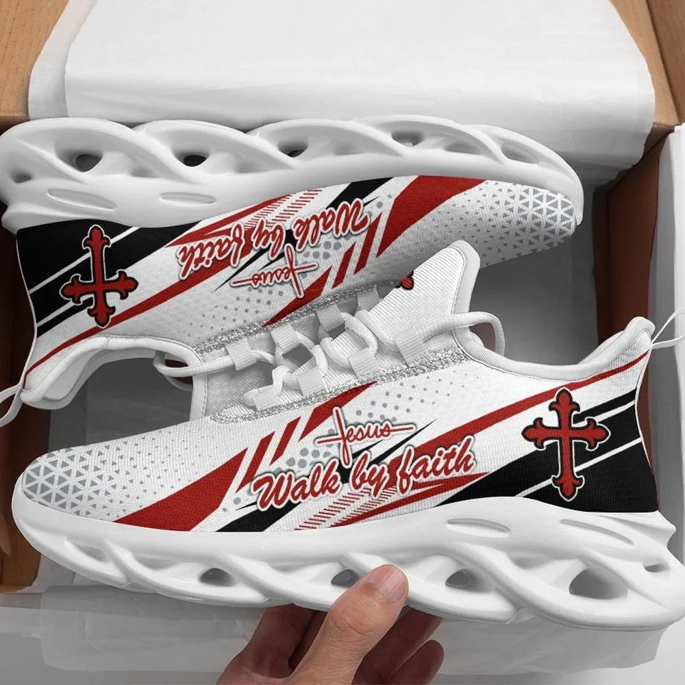 Jesus Walk By Faith Christian Red And White Max Soul Shoes, Diagonal Stripe Cross Sneakers for Men and Women, Church Gift, Running Footwear